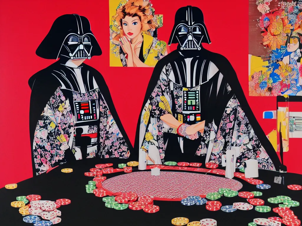 Image similar to hyperrealism composition of the detailed woman in a japanese kimono sitting at an extremely detailed poker table with darth vader, fireworks on the background, pop - art style, jacky tsai style, andy warhol style, acrylic on canvas