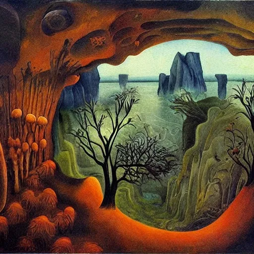 Image similar to painting of a lush natural scene on an alien planet by remedios varo. beautiful landscape. weird vegetation. cliffs and water.