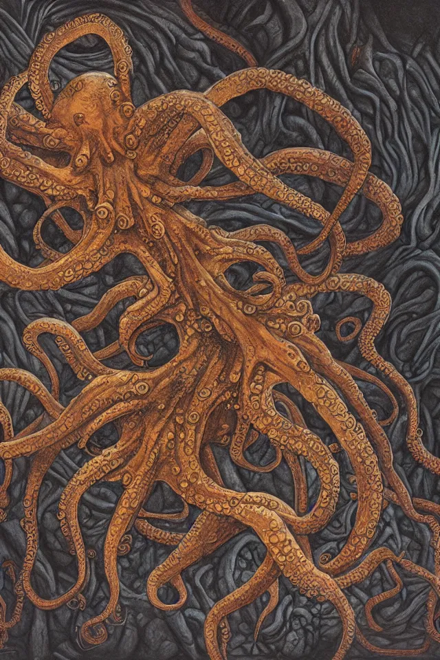 Image similar to alien octopus spider, in a dark cave with intricate writing on the walls, contrasting colors, Dan Seagrave