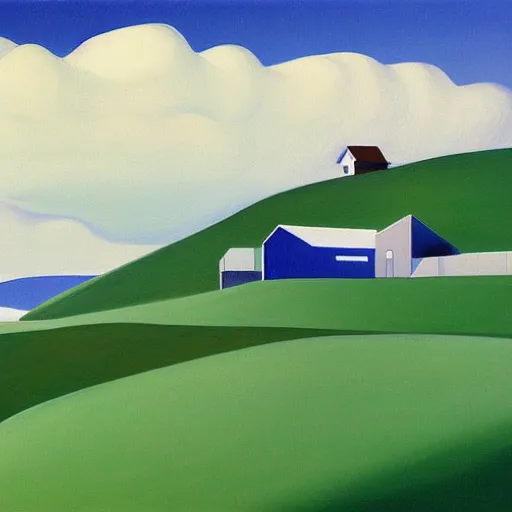 Prompt: dreaming futuristic rural landscape with modern houses, painted by Alex Katz and Edward Hopper, airbrush, highly detailed