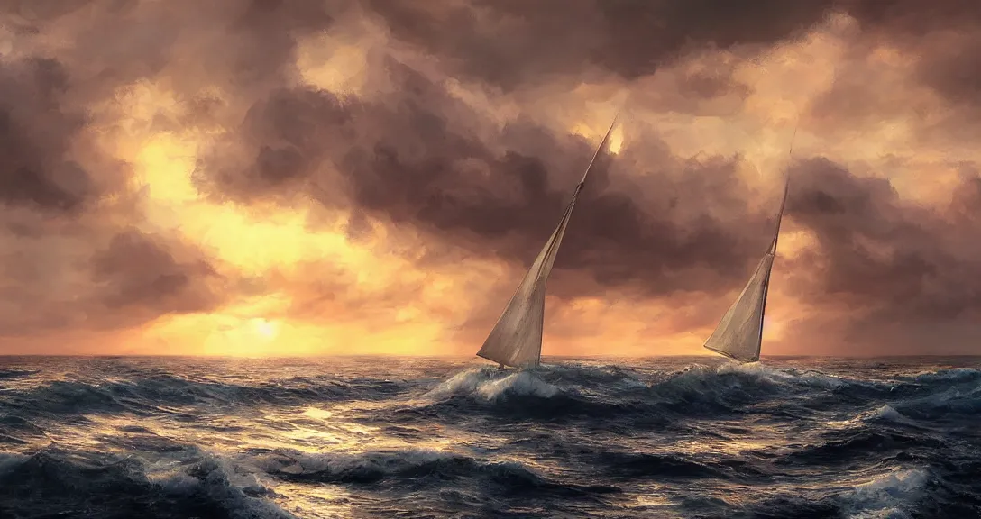 Image similar to sunrise over an stormy ocean, single sailboat, one mast, hyperdetailed oilpainting, ntricate, volumetric lighting, scenery, digital painting, highly detailed, artstation, sharp focus,