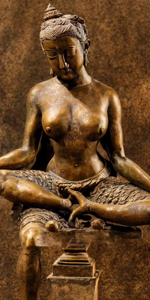 Image similar to detailed photo of old bronze patina statue of most beautiful woman, full body portrait, various bending poses, a temple in the background, photorealism, intricate detail, museum diffuse lighting