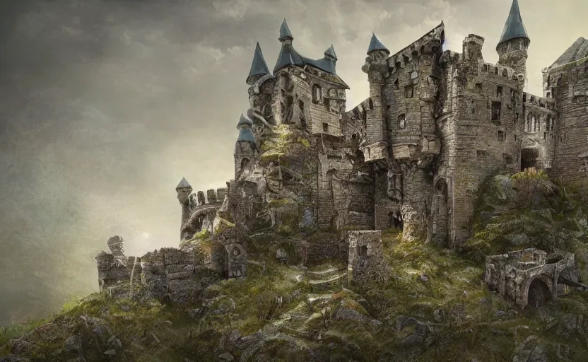 Image similar to a abandoned castle on the edge of a high cliff, 8 k, shallow depth of field, intricate detail, concept art,