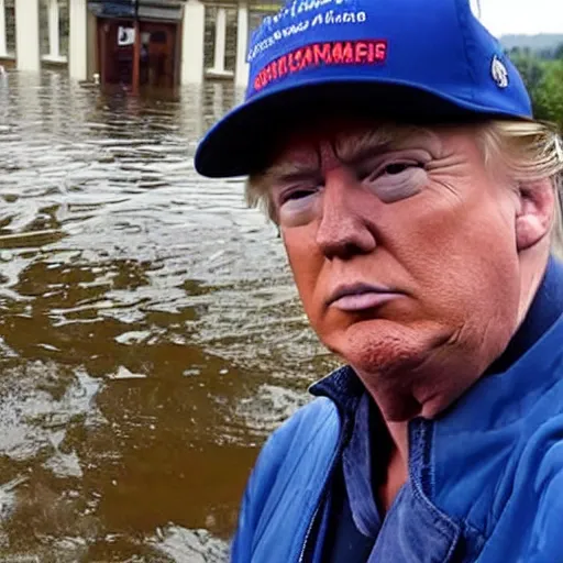 Image similar to a selfie of Donald Trump in front of a flooded german town