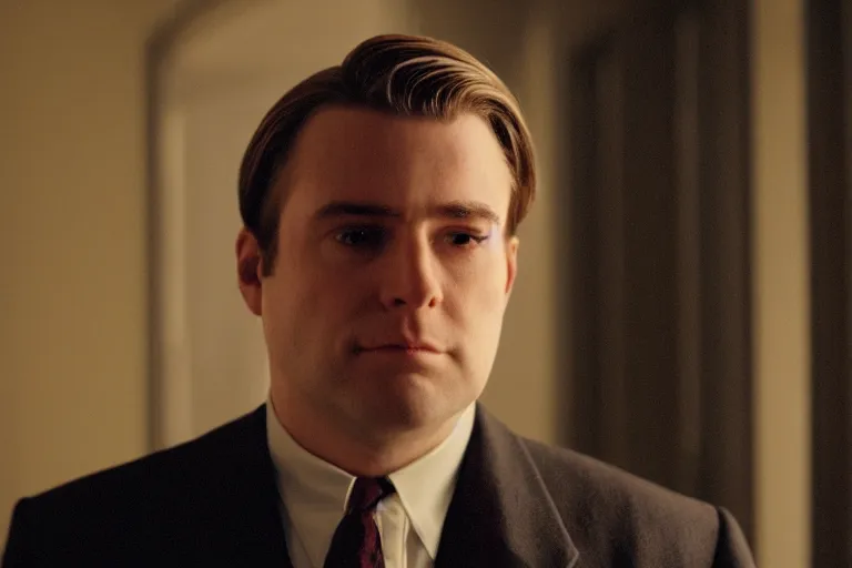 Image similar to cinematic still of chubby clean-shaven white man in film from 1995, XF IQ4, f/1.4, ISO 200, 1/160s, 8K, RAW, dramatic lighting, symmetrical balance, in-frame