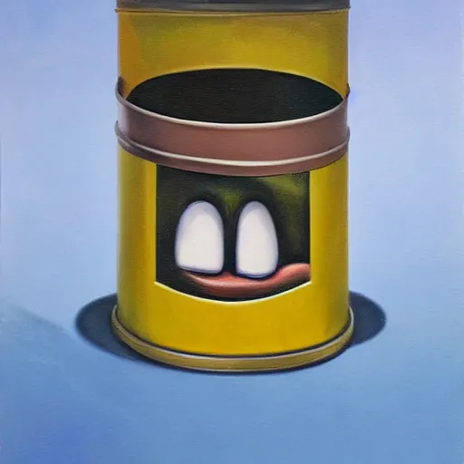 Image similar to a tin can character with a face and arms, opening its mouth, surrealist oil painting