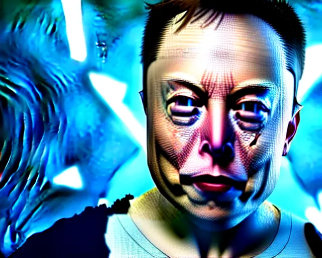 Image similar to 2 8 mm closeup portrait of elon musk top fragging in his live action video game, pipes, wires, dramatic lighting, octane, blue lights, lens flare, industrial, dirty, trending on artstation, golden ratio, h. r. giger, mist, action, volumetric lighting