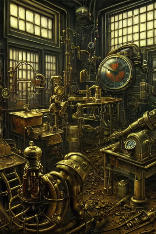 Prompt: classic oil painting, a room with dangerous steampunk valve machines, as a dnd cover illustration, inside of an abandoned lab, ominous, concept art, extremely detailed, smooth, sharp focus, art by brothers hildebrandt