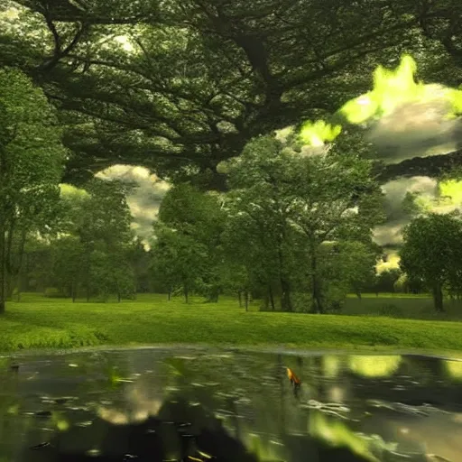 Image similar to a lush green field, with dragons flying overhead, a sense of awe,, monogon, plasma display, glossy, charred, water, ray tracing reflections,