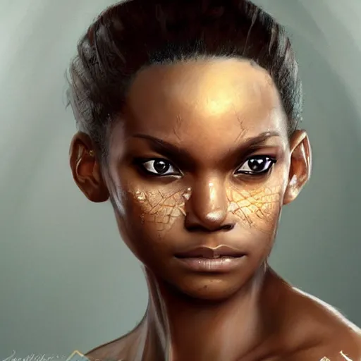 Prompt: beautiful, very strong, african american, female, middle aged, face, no makeup, no tattoos, warrior, battle hardened, head shot, fantasy, highly detailed, digital painting, artstation, concept art, smooth, sharp focus, illustration, art by jodie muir and brom
