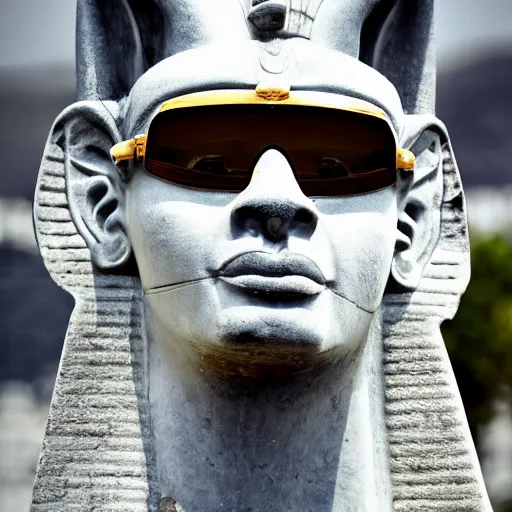 Image similar to a portrait of a statue of the Egyptian god Anubis wearing aviator goggles, white t-shirt and leather jacket. The city of Los Angeles is in the background. hi-res dslr photograph