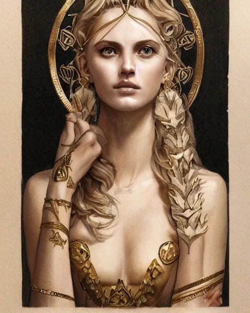 Prompt: front view of beautiful aphrodite greek goddess wearing a gold laurel wreath and triangle earrings, realism tattoo sketch, beautiful piercing eyes with sharp pupils, beautiful blonde hair, in the style of greg rutkowski, fantasy, amazing detail, epic, elegant, smooth, sharp focus