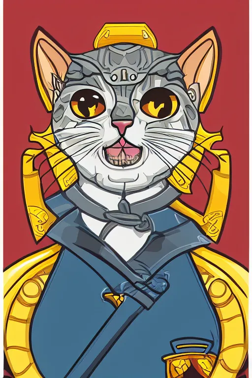 Image similar to A portrait of a kitten as evil warlord general, sticker, Anthropomorphized, portrait, highly detailed, colorful, illustration, smooth and clean vector curves, no jagged lines, vector art, smooth