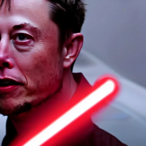 Prompt: film still of elon musk holding a red lightsaber