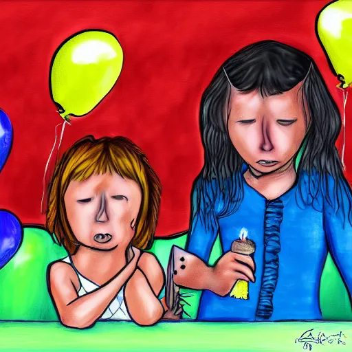 Prompt: the absolute despair of a birthday party, digital art painting