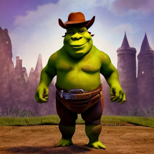 Image similar to Shrek as a cowboy, made by Dreamworks Animation, trending on artstation, 8k, hyperdetalied