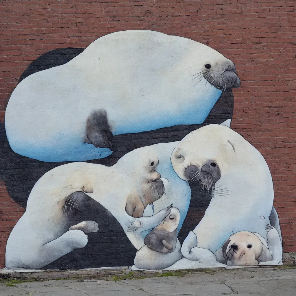 Image similar to a baby harp seal and large walrus, street art