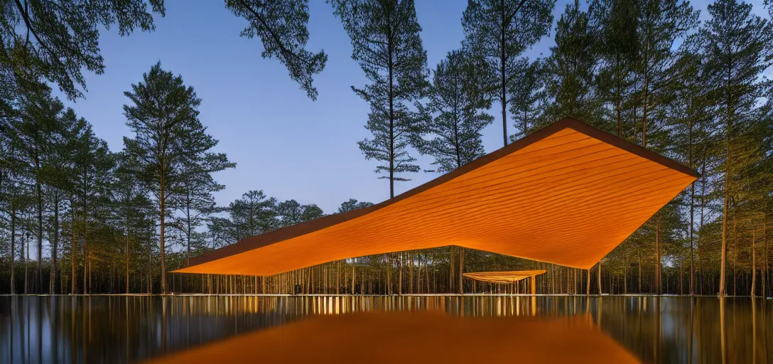 Image similar to faceted roof planes lift and descend creating shade and architectural expression, highly detailed, situated in the forest, next to a highly reflective lake, at dusk, vivid color