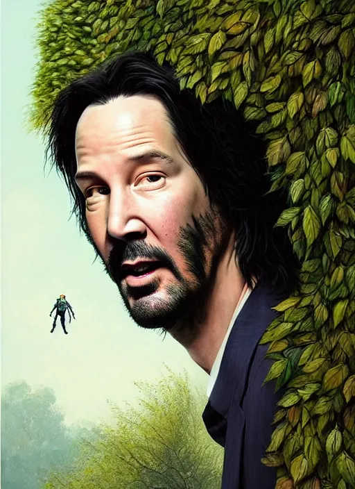 Prompt: highly detailed comedy caper movie poster with silly wacky zany keanu reeves as a sentient pile of leaves, keanu reeves green face as tree sentient leafy bush, falling through a leafy mind chasm by greg rutkowski, masterpiece, really funny, 1 0 / 1 0 comedy