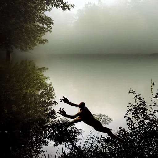 Image similar to semi translucent smiling frog amphibian floating over misty lake in Jesus Christ pose, cinematic shot by Andrei Tarkovsky, paranormal, spiritual, mystical