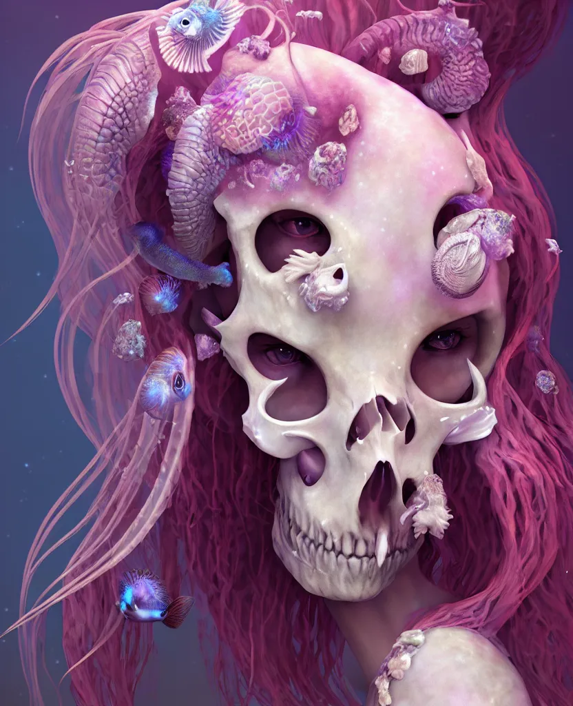 Image similar to goddess princess beautiful face close-up portrait ram skull fluffy toy. jellyfish phoenix head, nautilus, orchid, skull, betta fish, bioluminiscent creatures, intricate artwork by Tooth Wu and wlop and beeple. octane render, trending on artstation, greg rutkowski very coherent symmetrical artwork. cinematic, hyper realism, high detail, octane render, 8k