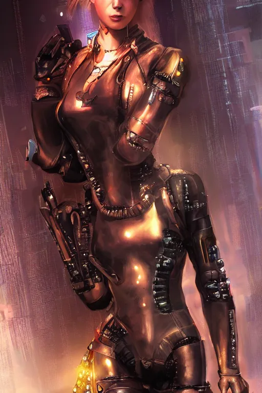 Image similar to beautiful digital oil cyberpunk style of a girl in leather cyber armor by Arthur Hughes