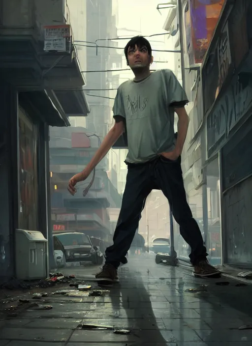 Image similar to Highly detailed full-body portrait of homeless and beaten up Martin Shkreli, in GTA V, Stephen Bliss, unreal engine, fantasy art by Greg Rutkowski, Loish, Rhads, Makoto Shinkai and Lois van baarle, ilya kuvshinov, rossdraws, Tom Bagshaw, global illumination, radiant light, detailed and intricate environment