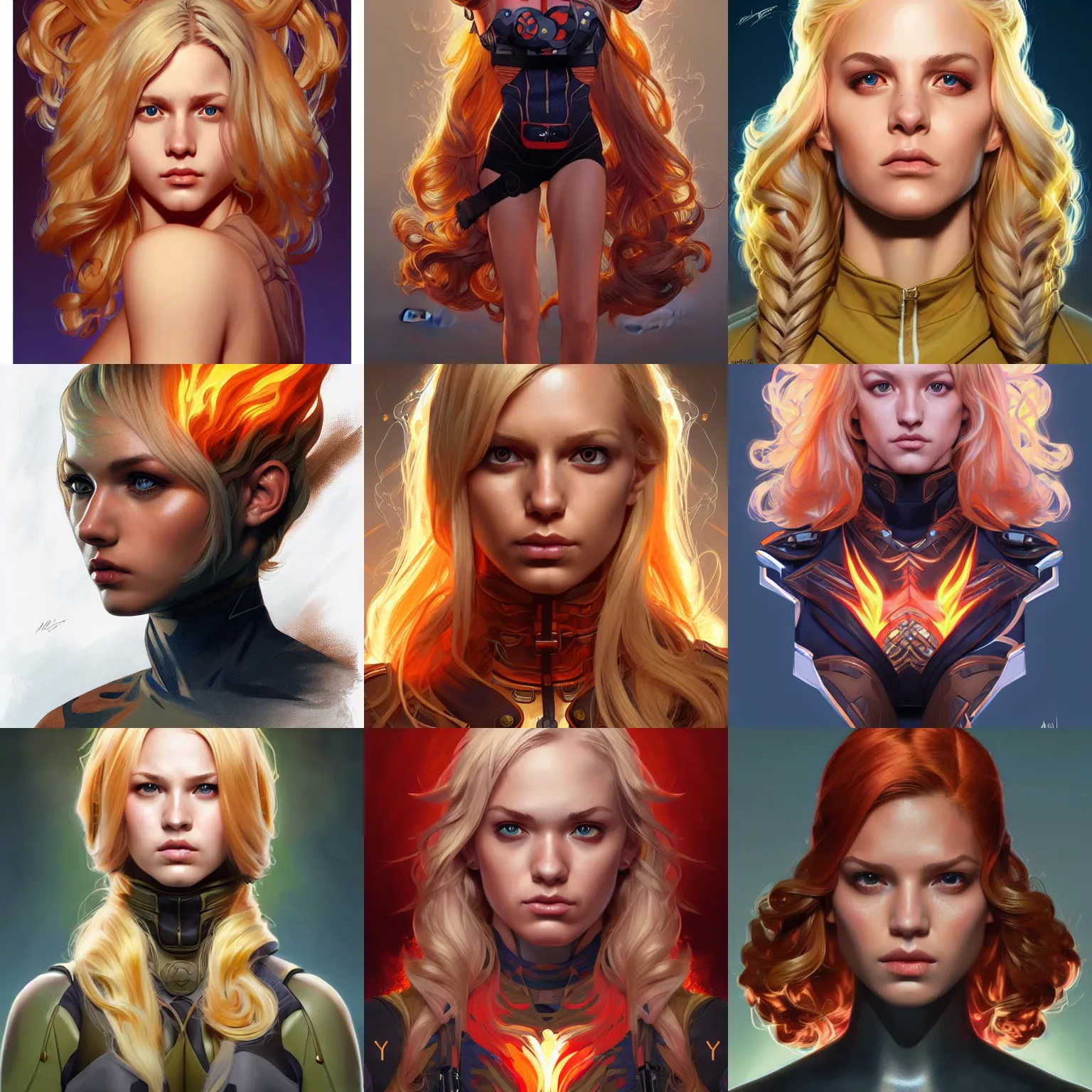 Prompt: character concept portrait, symmetrical head - on centralized, mia dearden, blond, camouflage costume. fire aura. detailed, high quality, dynamic lighting, fantasy. artwork by artgerm, wlop, alex ross, greg rutknowski, alphonse mucha