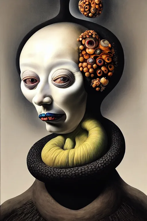 Image similar to a strange surrealist, biomorphic, portrait of a woman with large eyes wearing a black turtleneck, by dali, marco mazzoni, james jean and rachel ruysch, emotionally evoking, looming, head in focus, arcimboldo, volumetric lighting, masterpiece