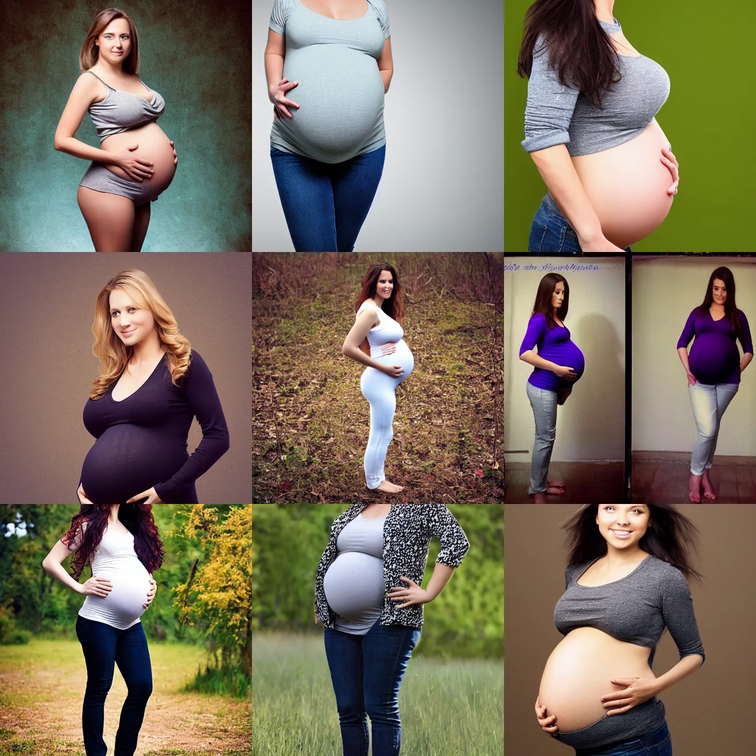 Prompt: beautiful girl with biggest pregnancy ever, standing sideways, full body view, realistic