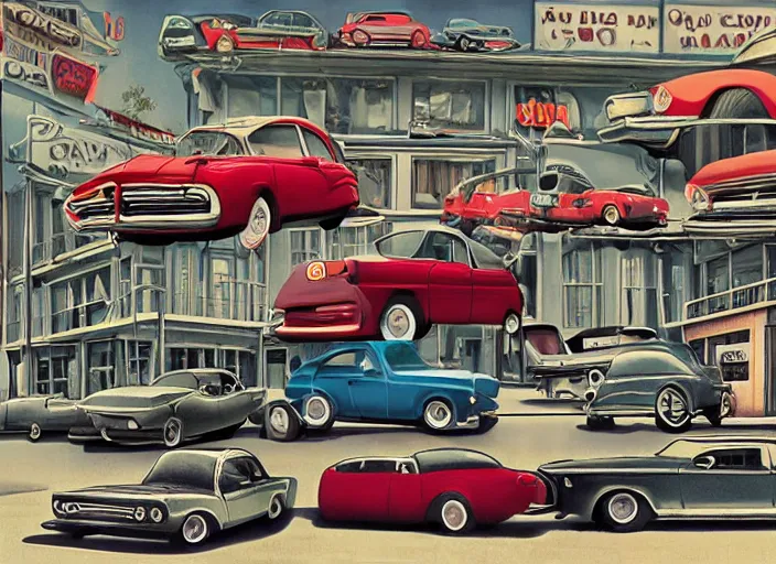 Image similar to car lot, lowbrow, matte painting, 3 - d highly detailed, in the style of mark ryden,