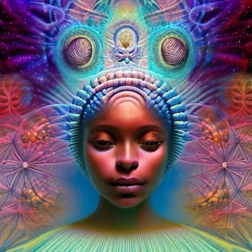 Image similar to obatala the cosmic god sitting in a cabana made of nebula clouds, by Adi granov and afarin sajedi and amanda sage and evgeni gordiets and Agostino Arrivabene in a psychedelic portrait style, ultrarealistic matte painting, volumetric lighting, fractal, extremely symmetrical, highly detailed face, orisha, 8k, hd