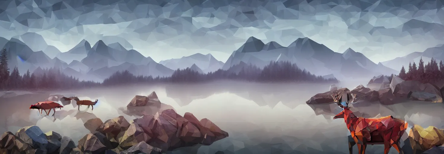 Image similar to super detailed color lowpoly art, northern sunset with rocks on front, blured monochromic lake in the middle of perspective and foggy mountains at background, graphic reindeers in random points, unreal engine, gothic rich deep colors, molotow premium pastel color palette, imperial boy, 3d render, lowpoly, colorful, digital art