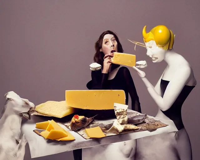 Prompt: incredible strange absurd artwork of androids tasting cheese, finding it very weird, weird tasting ritual of cheese products in the style of tim walker fashion photography