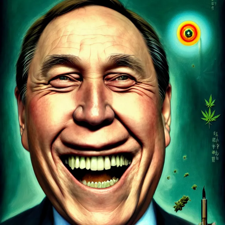 Image similar to a portrait of a happy high on cannabis premier francois legault in 2 0 2 1 illustrated by miyazaki by karol bak, james jean, tom bagshaw, rococo, sharp focus, trending on artstation, cinematic lighting, hyper realism, octane render, 8 k, hyper detailed, vivid, ultra detailed, highly detailed