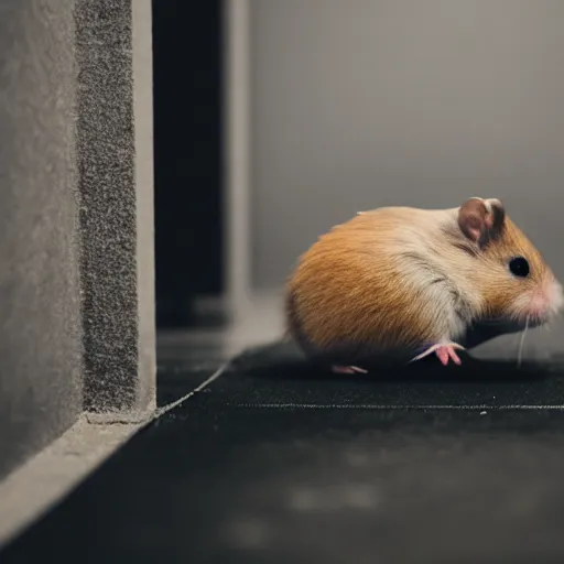 Image similar to photo of a hamster, dimly lit cinema corridor, various poses, unedited, soft light, sharp focus, 8 k