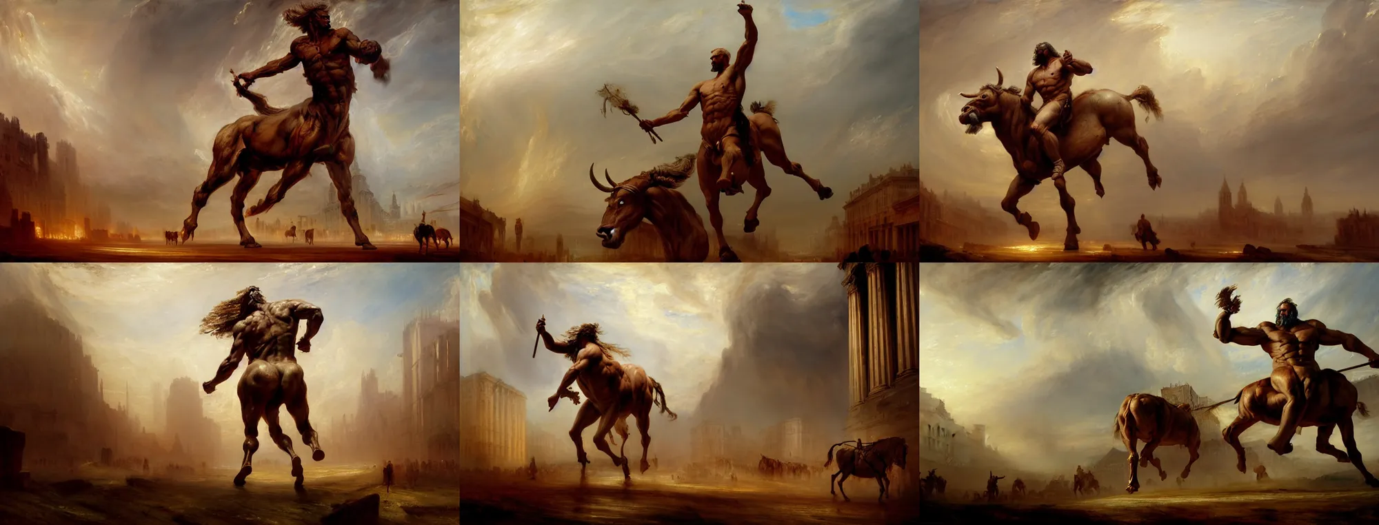 Prompt: highly detailed painting of a giant humanoid bullman centaur by william turner, by greg rutkowski, by william constable, thick brush strokes and visible paint layers, 4 k resolution, trampling an ancient city