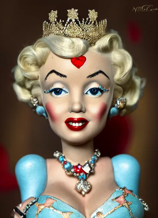 Image similar to closeup face profile portrait of tin toy marilyn monroe as a fairytale princess wearing a crown eating cakes, bikini, depth of field, zeiss lens, detailed, symmetrical, centered, fashion photoshoot, by nicoletta ceccoli, mark ryden, lostfish, breathtaking, 8 k resolution, extremely detailed, beautiful, establishing shot, artistic, hyperrealistic, octane render