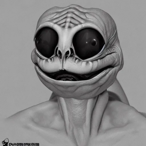 Image similar to pepe as alien game character, 3d, realistic, hyper details, dramatic light, wide angle, artstation