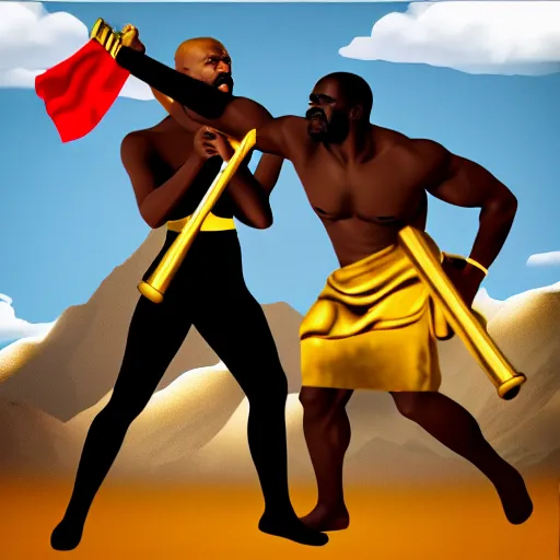 Image similar to black person with golden mace in hands fighting lenin in mountains, photorealistic