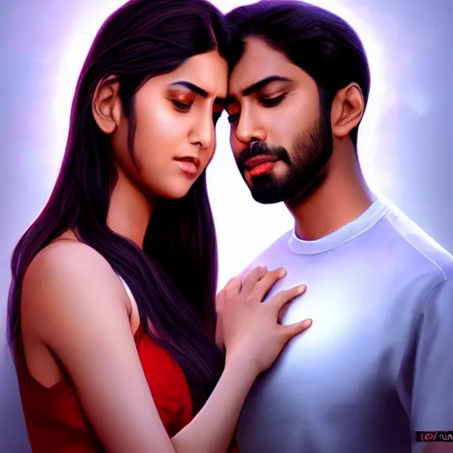 Prompt: theatrical press release ; indian young male and female couple sharing one heart ; stunning digital artwork by artgerm ; cinematic movie pose ; photorealistic, hyperrealistic, dramatic soft rim light ; highly detailed ; face by wlop ; trending on artstation ; cinematography from music video ; symmetrical, high coherence