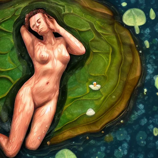 Image similar to A woman submerged underwater, you can only see her face from an aerial view with lily pads surrounding her as her hand reaches out to you, artistic digital art, very opaque, gloomy style, oil paints and pastel highlights, trending on artstation, artstationHD, artstationHQ, 4k, 8k