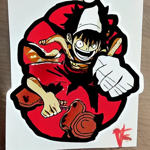 Image similar to die cut sticker, luffy gear 5, splatter paint on paper