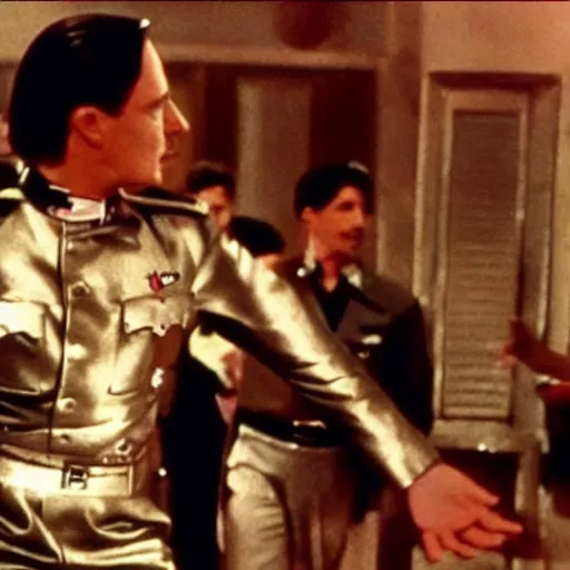 Image similar to A movie still of Hitler wearing a disco suit in Satuday Night Fever