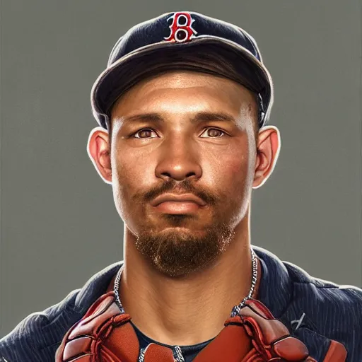 Prompt: portrait painting of boston red sox baseball player, unshaven, strong, ultra realistic, concept art, intricate details, serious, highly detailed, photorealistic, octane render, 8 k, unreal engine. art by artgerm and greg rutkowski and alphonse mucha