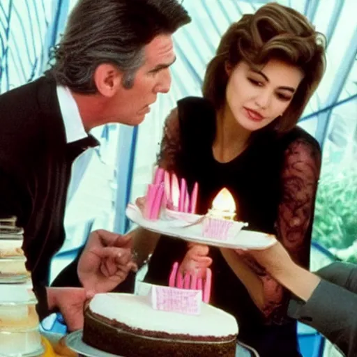 Image similar to pierce brosnan force - feeding a skinny woman with cake