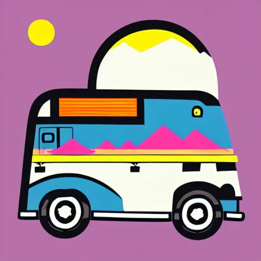 Prompt: a white and black cute thor chateau! motorhome camper!!, highway, colorful mountains and sunset!!, very happy, minimal vector sticker by tom whalen, sanja stikovic