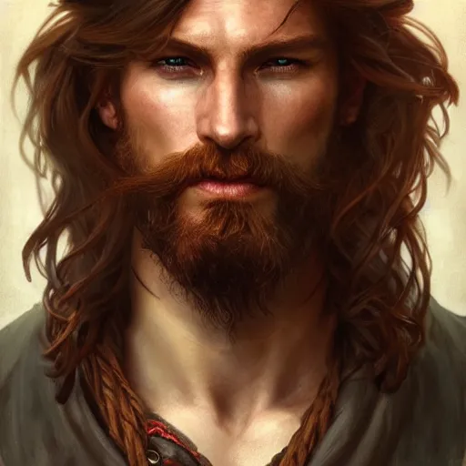 Image similar to portrait of a young ruggedly handsome but charming pirate, male, masculine, upper body, red hair, long hair, d & d, fantasy, soft lips, intricate, elegant, highly detailed, digital painting, artstation, concept art, matte, sharp focus, illustration, art by artgerm and greg rutkowski and alphonse mucha