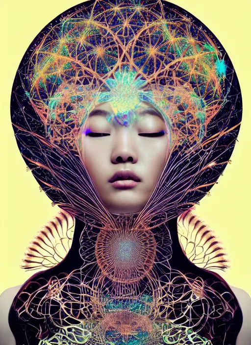 Prompt: ridiculously beautiful young asian woman tripping, fractals radiating from head with sacred geometry, cosmic, awakening, symmetrical, in the style of ernst haeckel, effervescent, warm, photo realistic, epic and cinematic