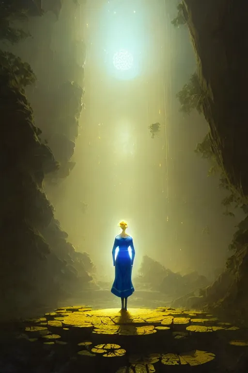 Image similar to invisible woman wearing a tunic made of yellow paper, stephen bliss, unreal engine, fantasy art by greg rutkowski, rhads, ferdinand knab, makoto shinkai and lois van baarle, ilya kuvshinov, rossdraws, tom bagshaw, global illumination, radiant light